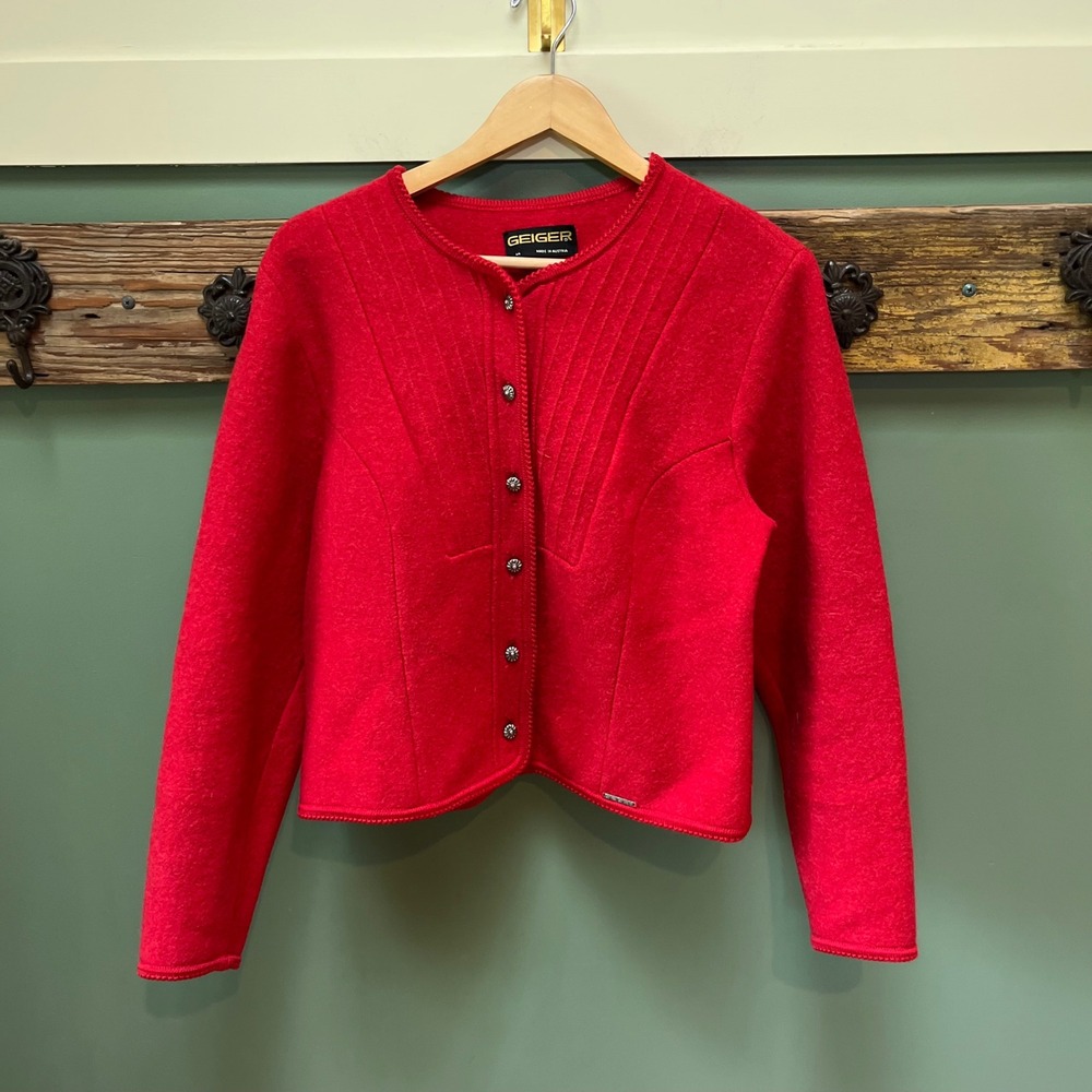 Geiger Austria Red Boiled Wool Cardigan Pintuck Ornate Button Jacket Size 44